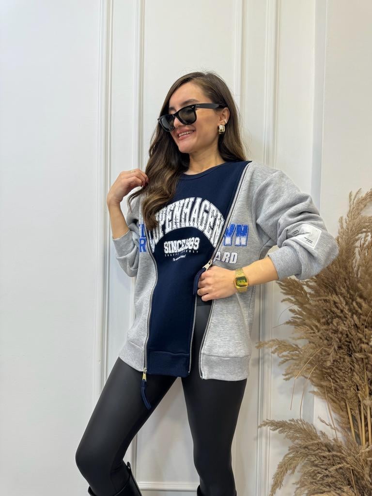 Gri Lacivert Çift Fermuar Detaylı Sweatshirt 5071