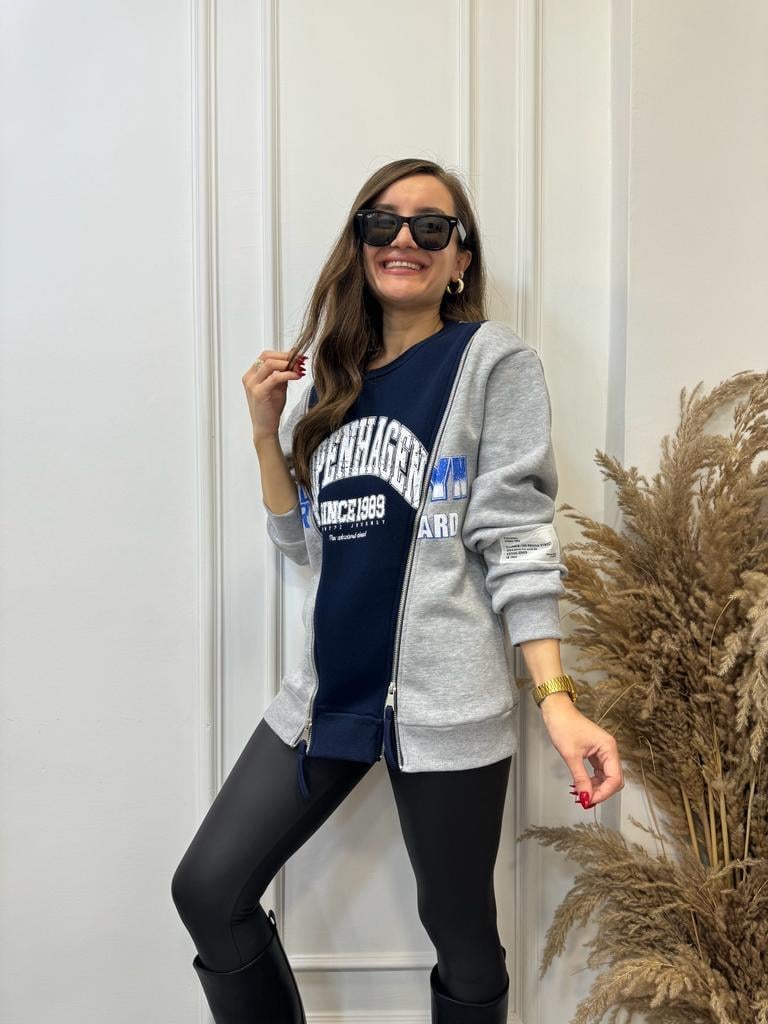 Gri Lacivert Çift Fermuar Detaylı Sweatshirt 5071