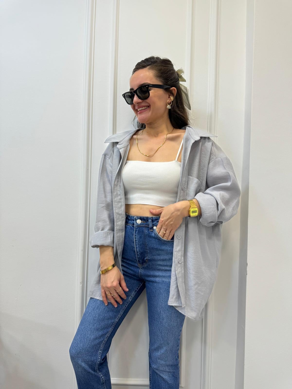 Gri Lüx Kalite Oversize Gömlek 4612