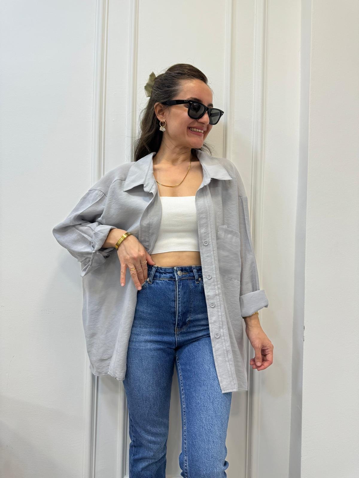 Gri Lüx Kalite Oversize Gömlek 4612