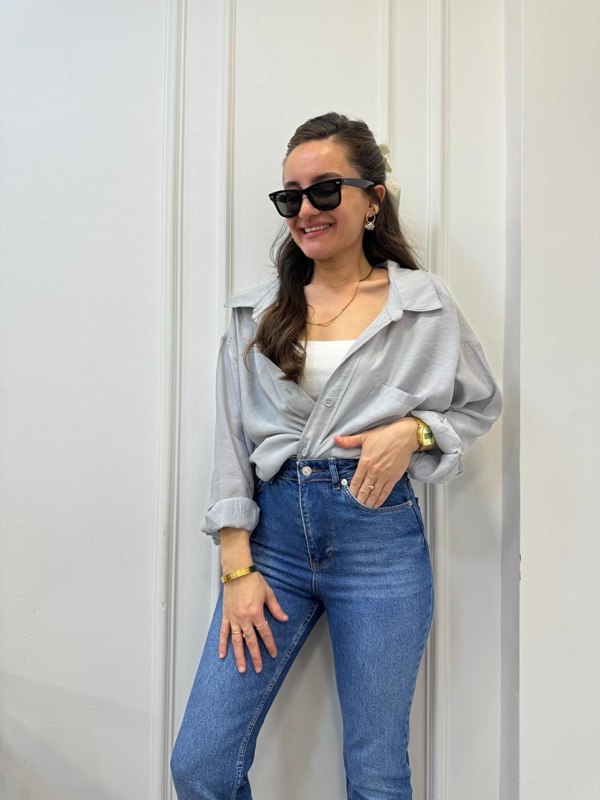 Gri Lüx Kalite Oversize Gömlek 4612
