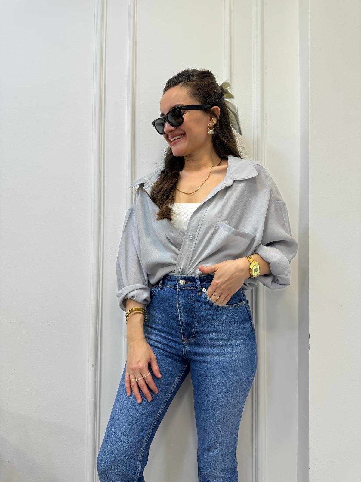 Gri Lüx Kalite Oversize Gömlek 4612
