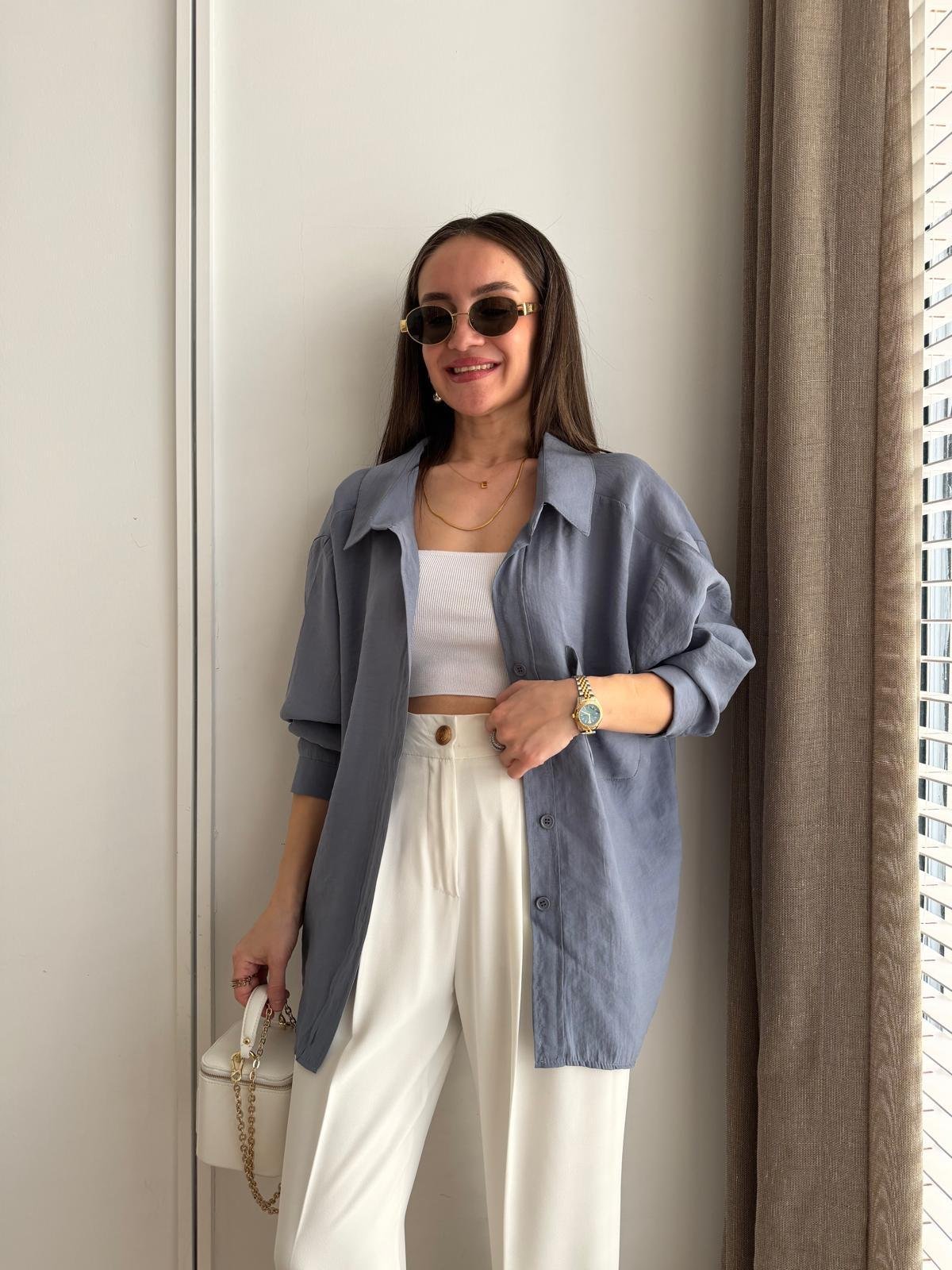 Gri mavi Lüx Kalite Oversize Gömlek 4612
