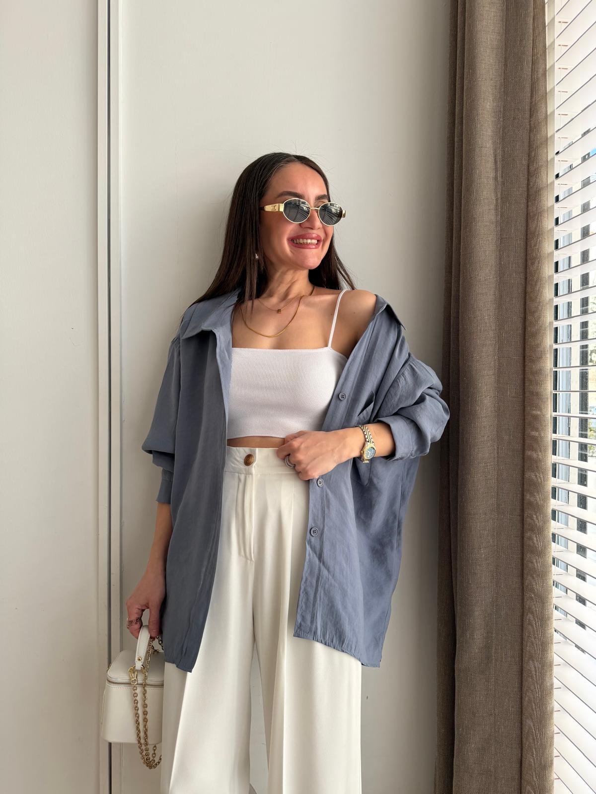 Gri mavi Lüx Kalite Oversize Gömlek 4612
