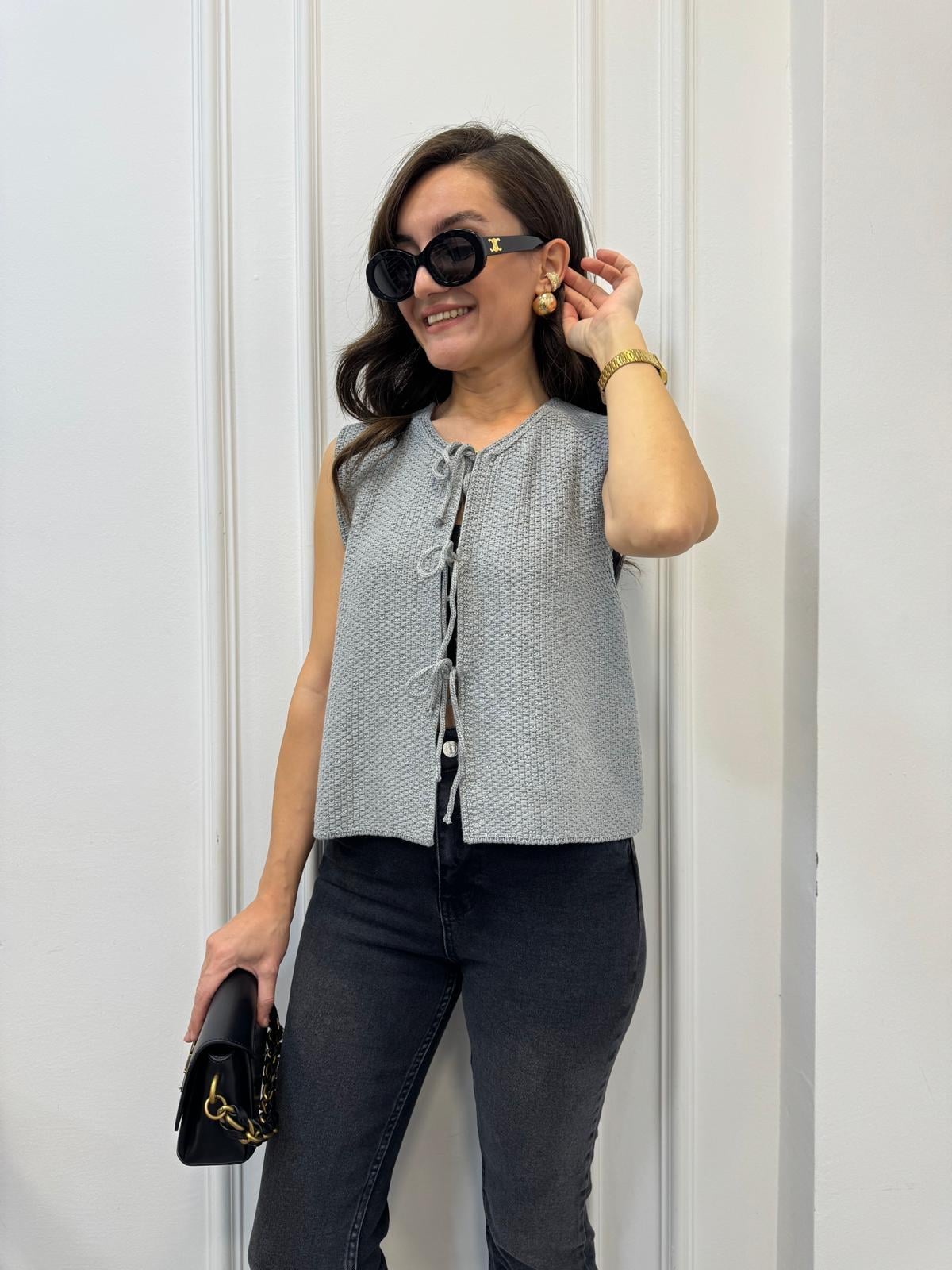 Gri Önden Bağlamalı Triko Bluz 241025