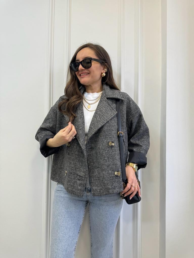 Gri Oversize Kruvaze Yaka Kaşe Kaban 7088
