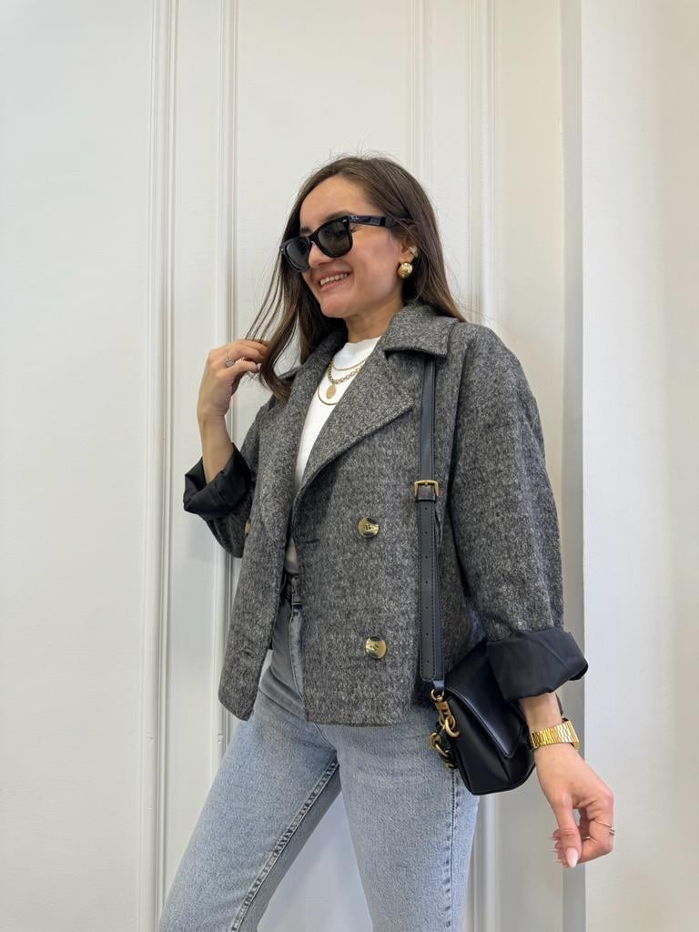 Gri Oversize Kruvaze Yaka Kaşe Kaban 7088