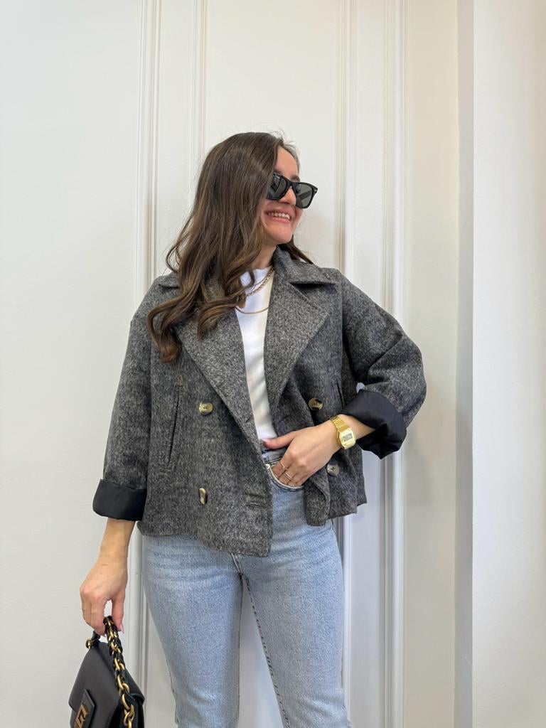 Gri Oversize Kruvaze Yaka Kaşe Kaban 7088