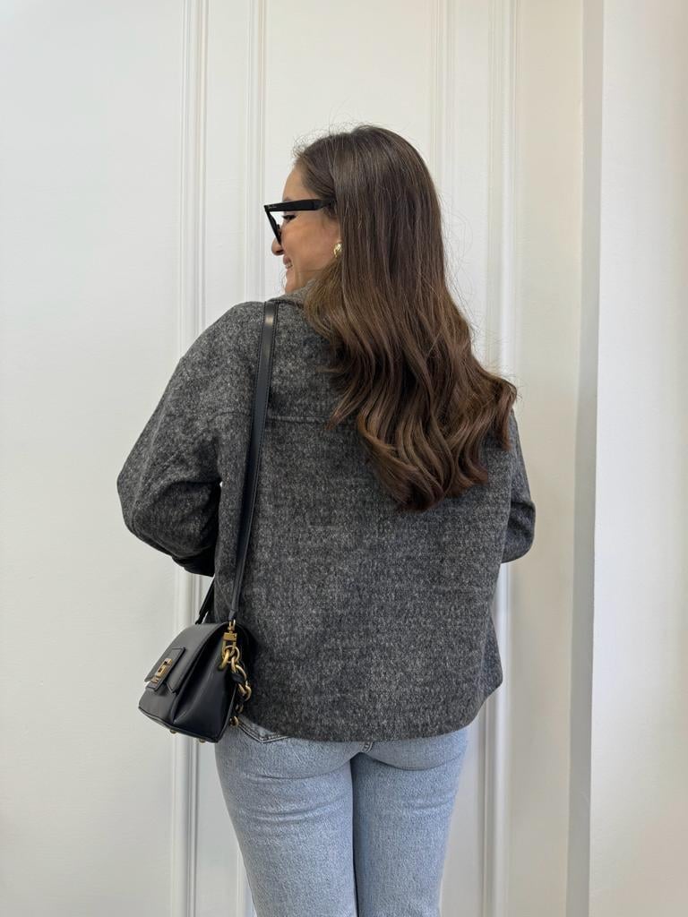 Gri Oversize Kruvaze Yaka Kaşe Kaban 7088
