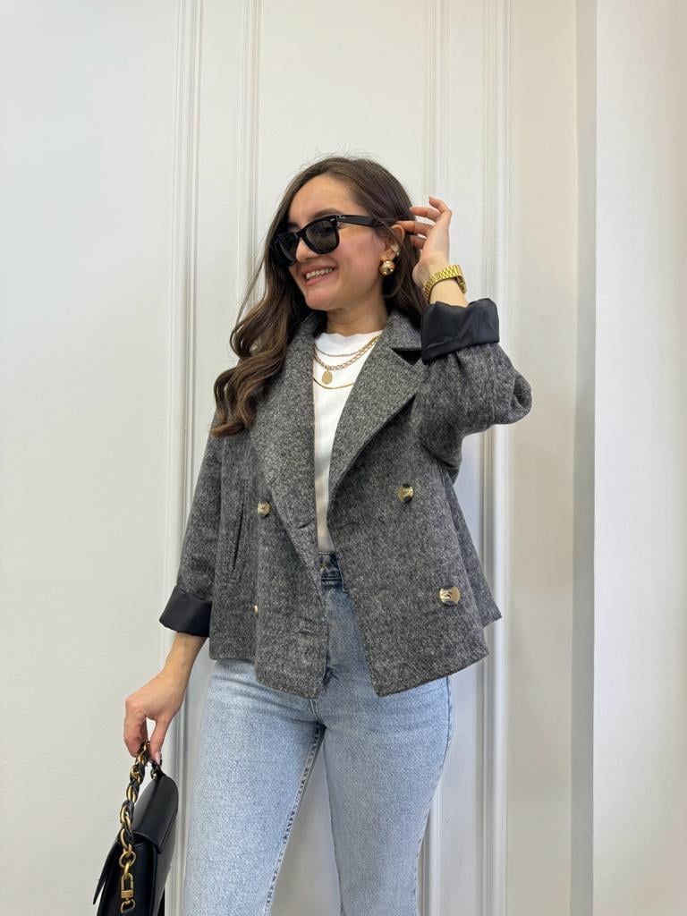 Gri Oversize Kruvaze Yaka Kaşe Kaban 7088