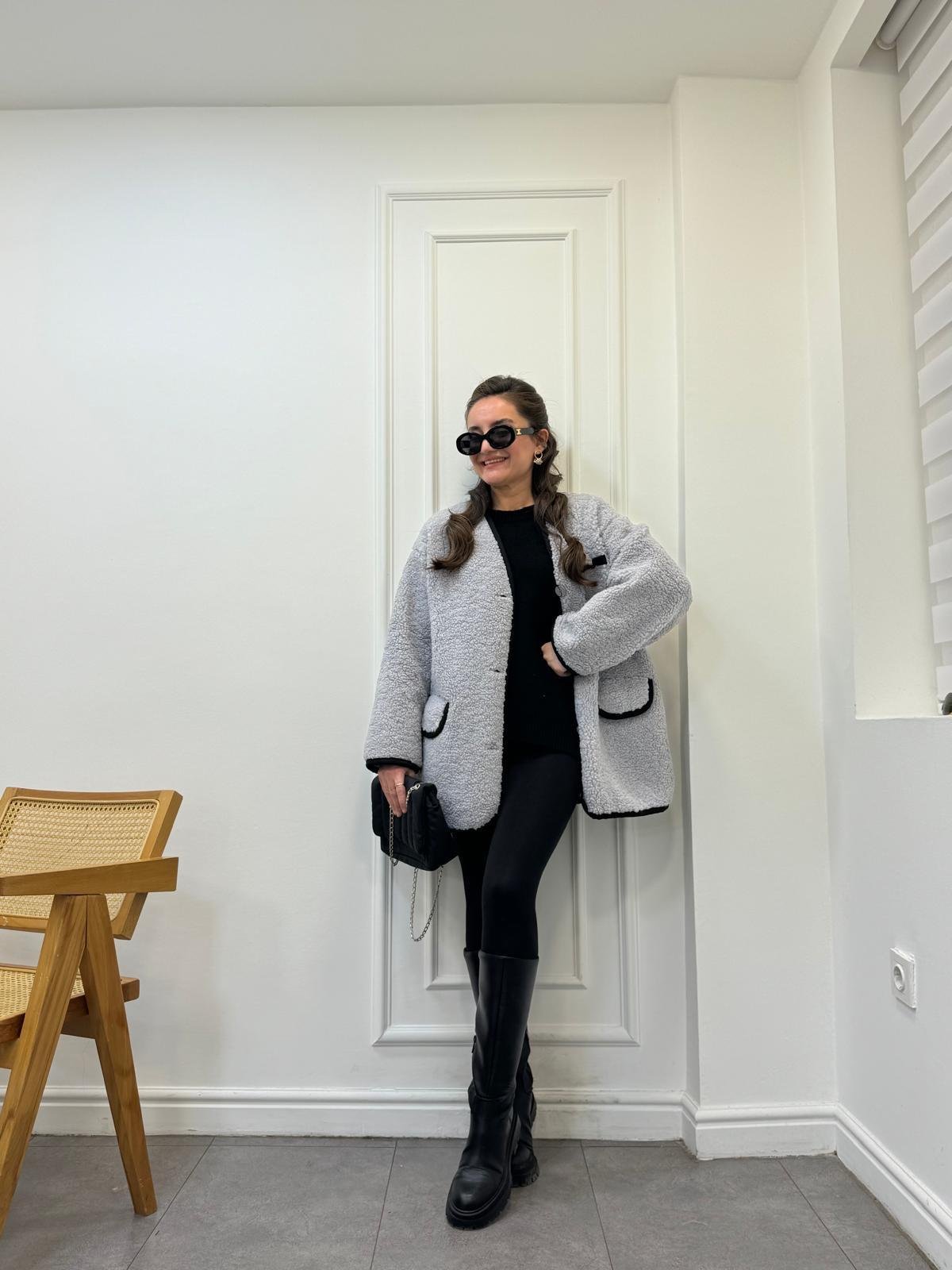 Gri Premıum Seri Cepli Biyeli Teddy Mont 7397