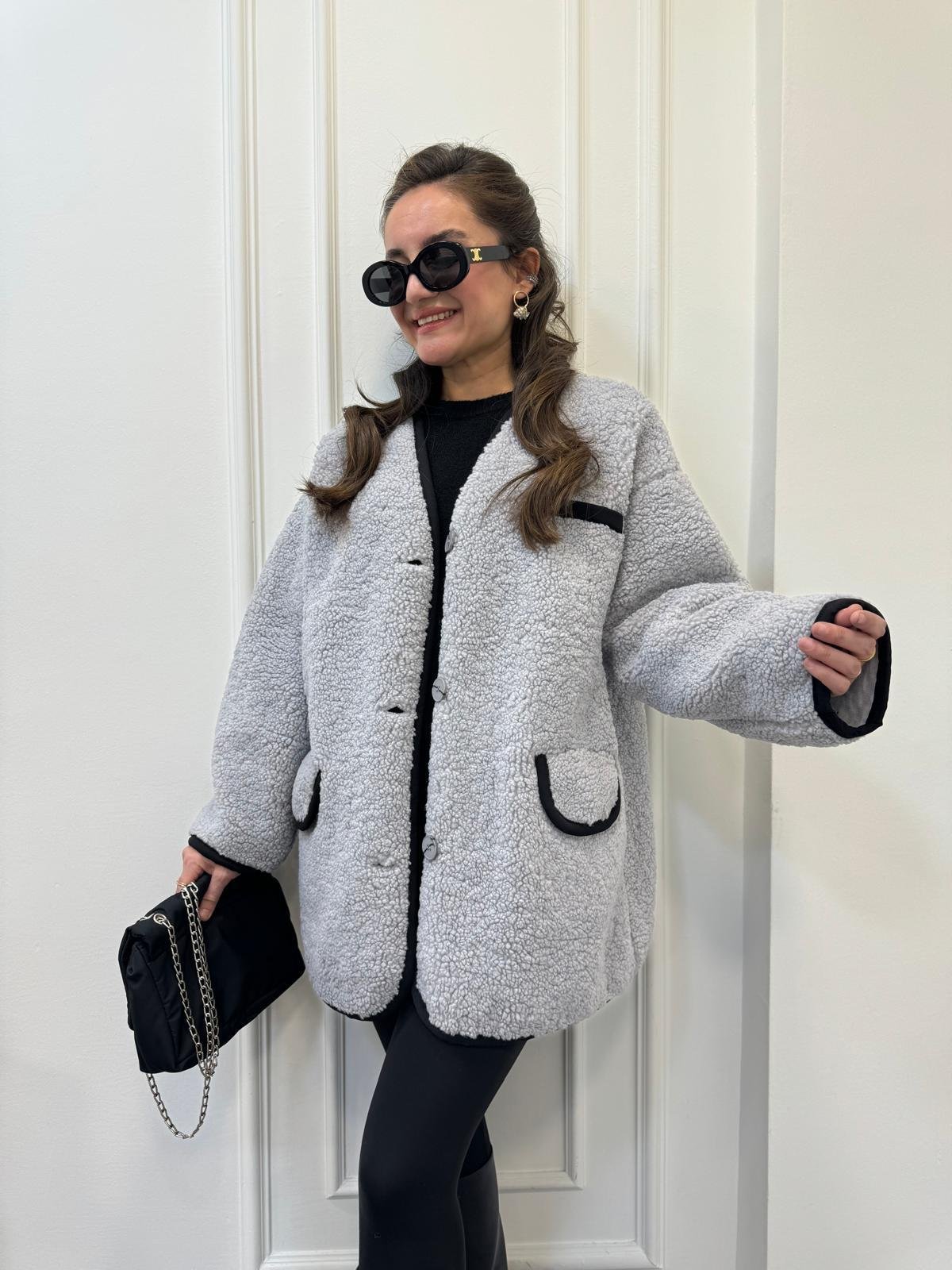 Gri Premıum Seri Cepli Biyeli Teddy Mont 7397