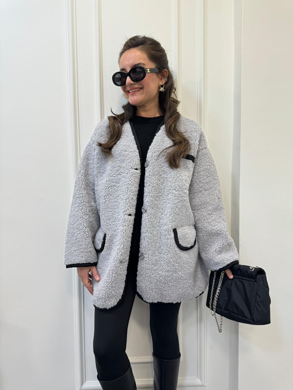 Gri Premıum Seri Cepli Biyeli Teddy Mont 7397