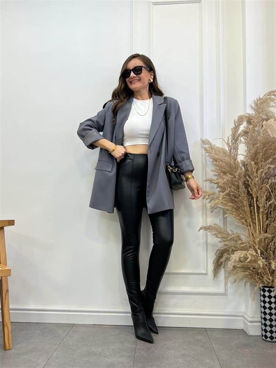 Gri Tek Düğme Oversize Blazer Ceket 9287