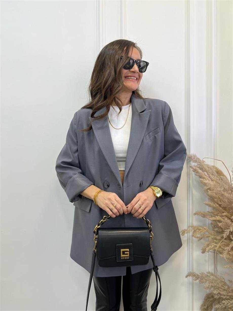 Gri Tek Düğme Oversize Blazer Ceket 9287