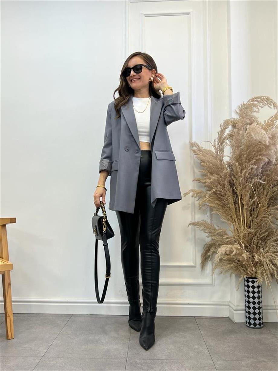 Gri Tek Düğme Oversize Blazer Ceket 9287