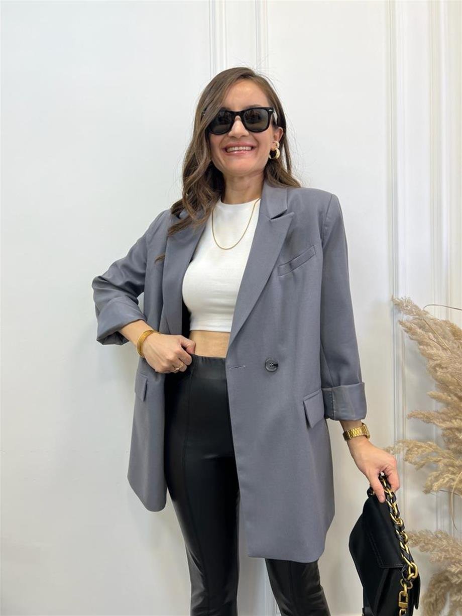 Gri Tek Düğme Oversize Blazer Ceket 9287
