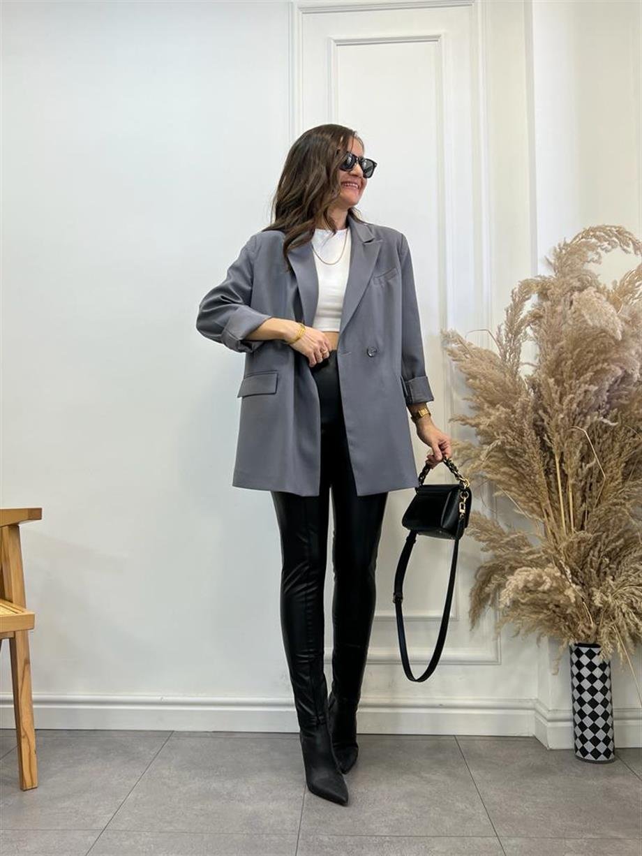 Gri Tek Düğme Oversize Blazer Ceket 9287