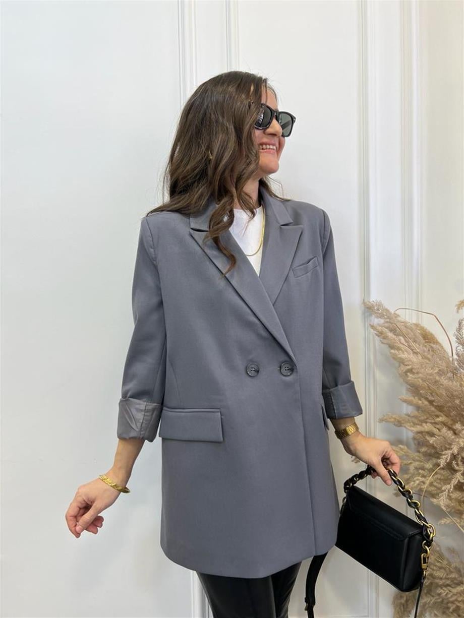 Gri Tek Düğme Oversize Blazer Ceket 9287