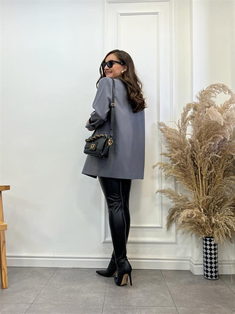 Gri Tek Düğme Oversize Blazer Ceket 9287