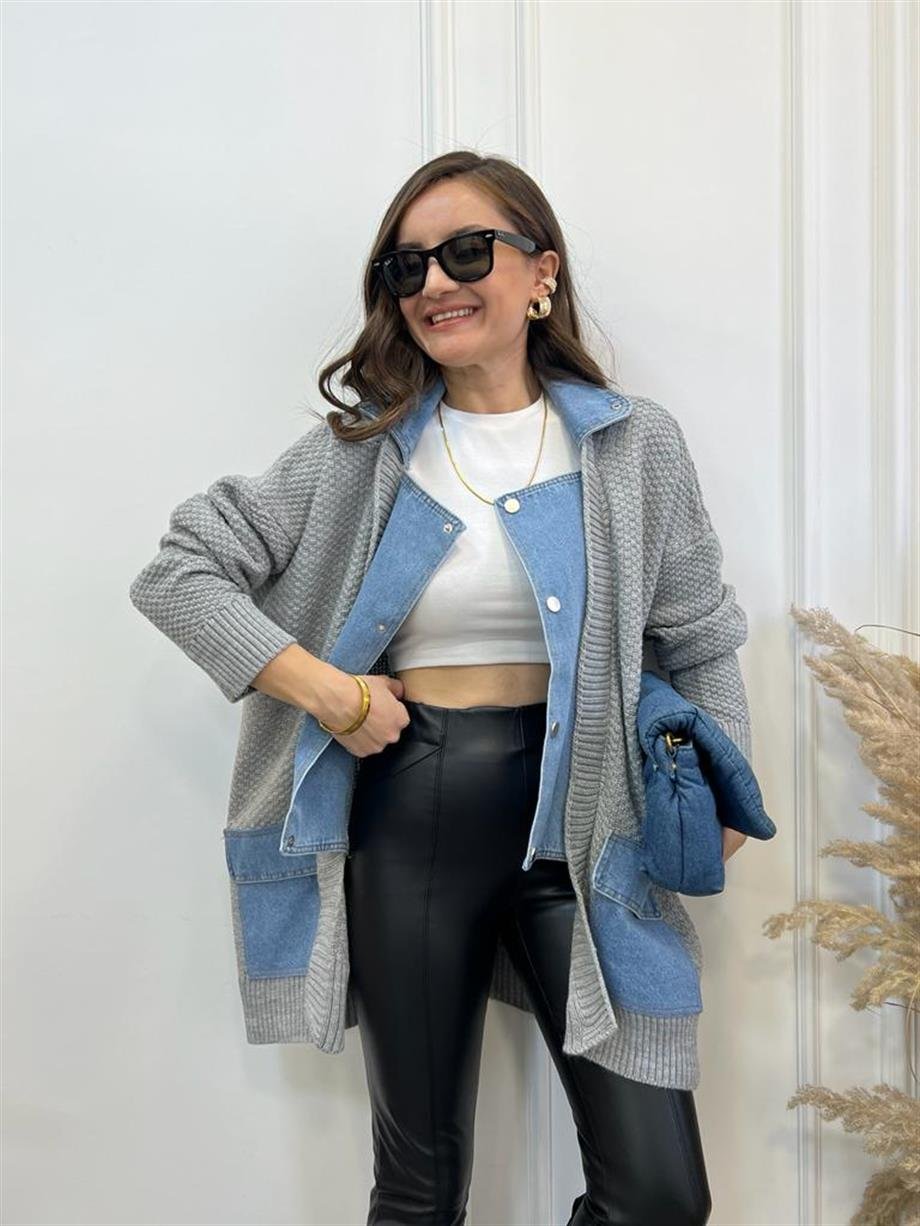 Gri Triko Kot Detaylı Ceket 0155
