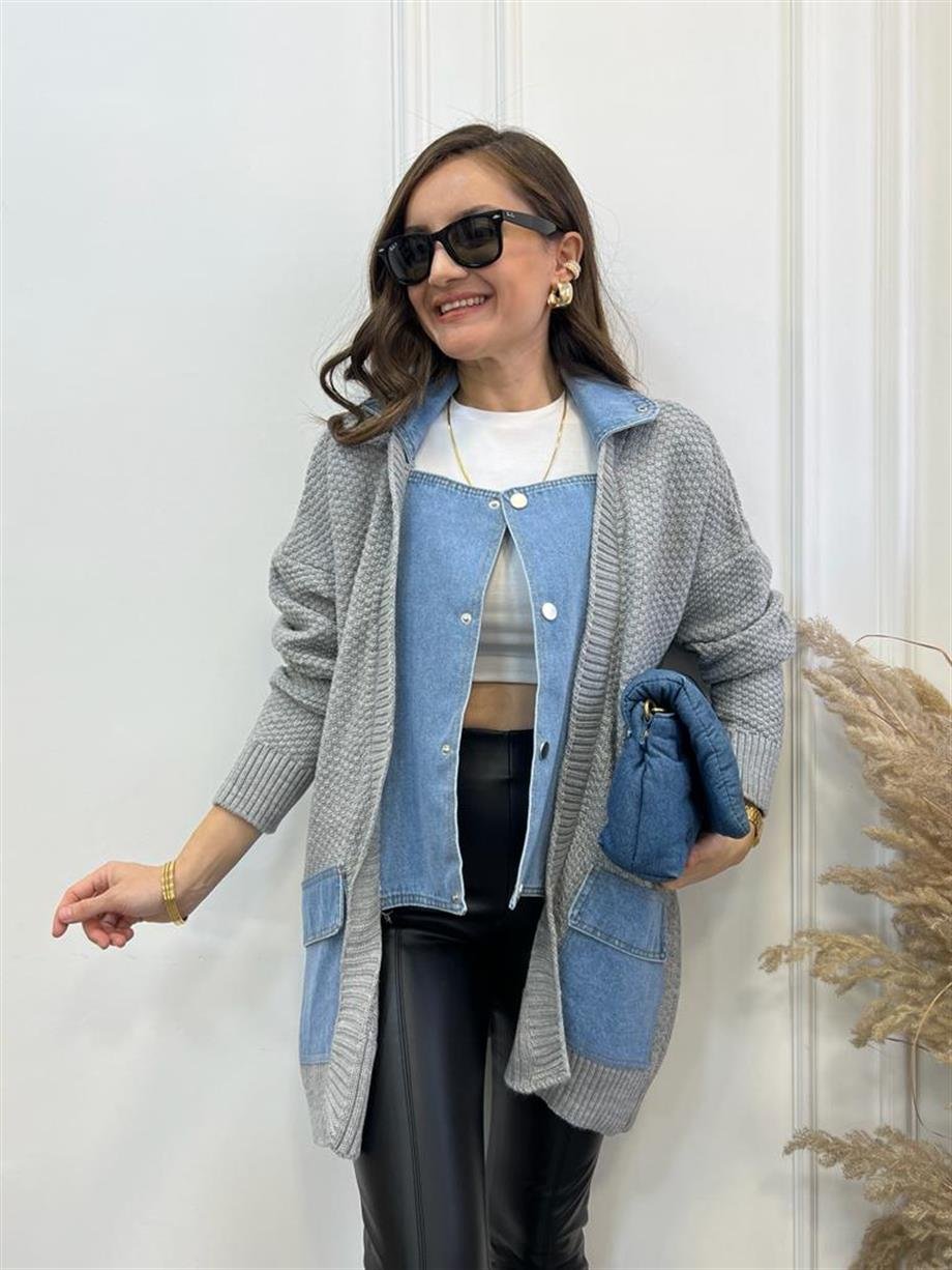 Gri Triko Kot Detaylı Ceket 0155