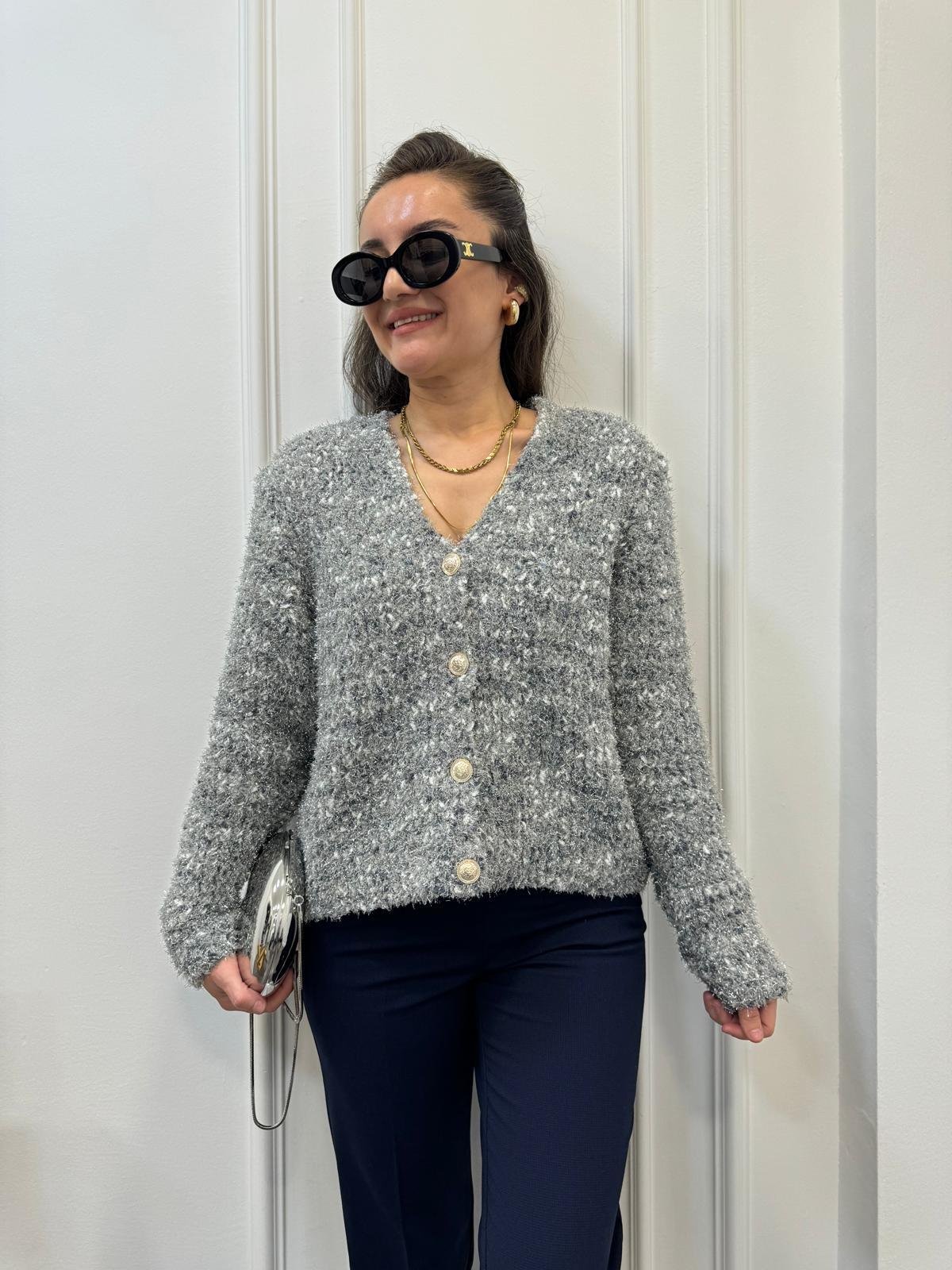 Gri V Yaka Simli Yumoş Örme Hırka 3160