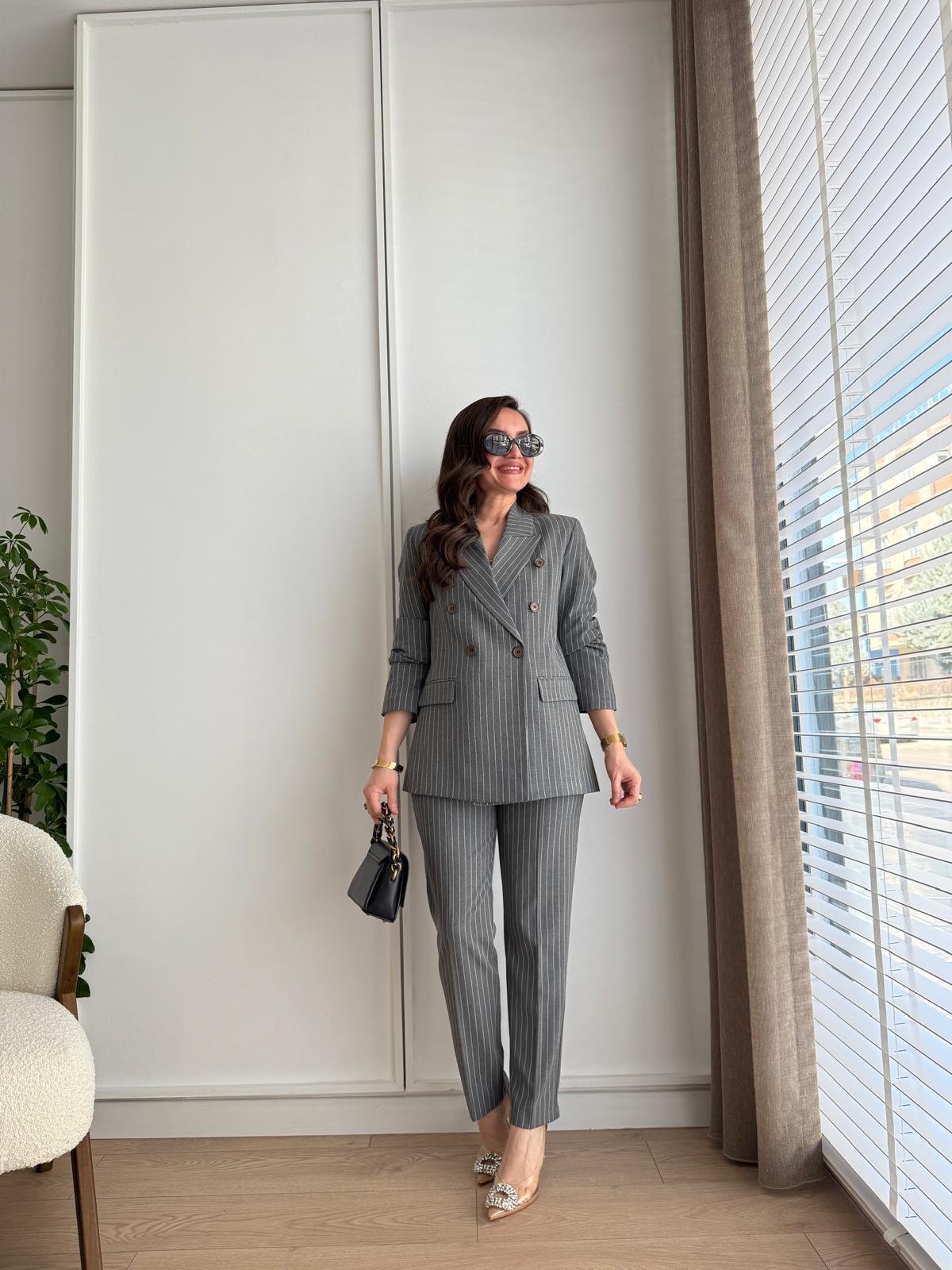 Gri Vatkalı Çizgili Blazer Ceket Pantolon Takım 40295