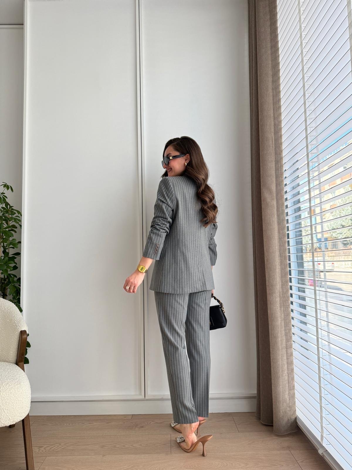 Gri Vatkalı Çizgili Blazer Ceket Pantolon Takım 40295