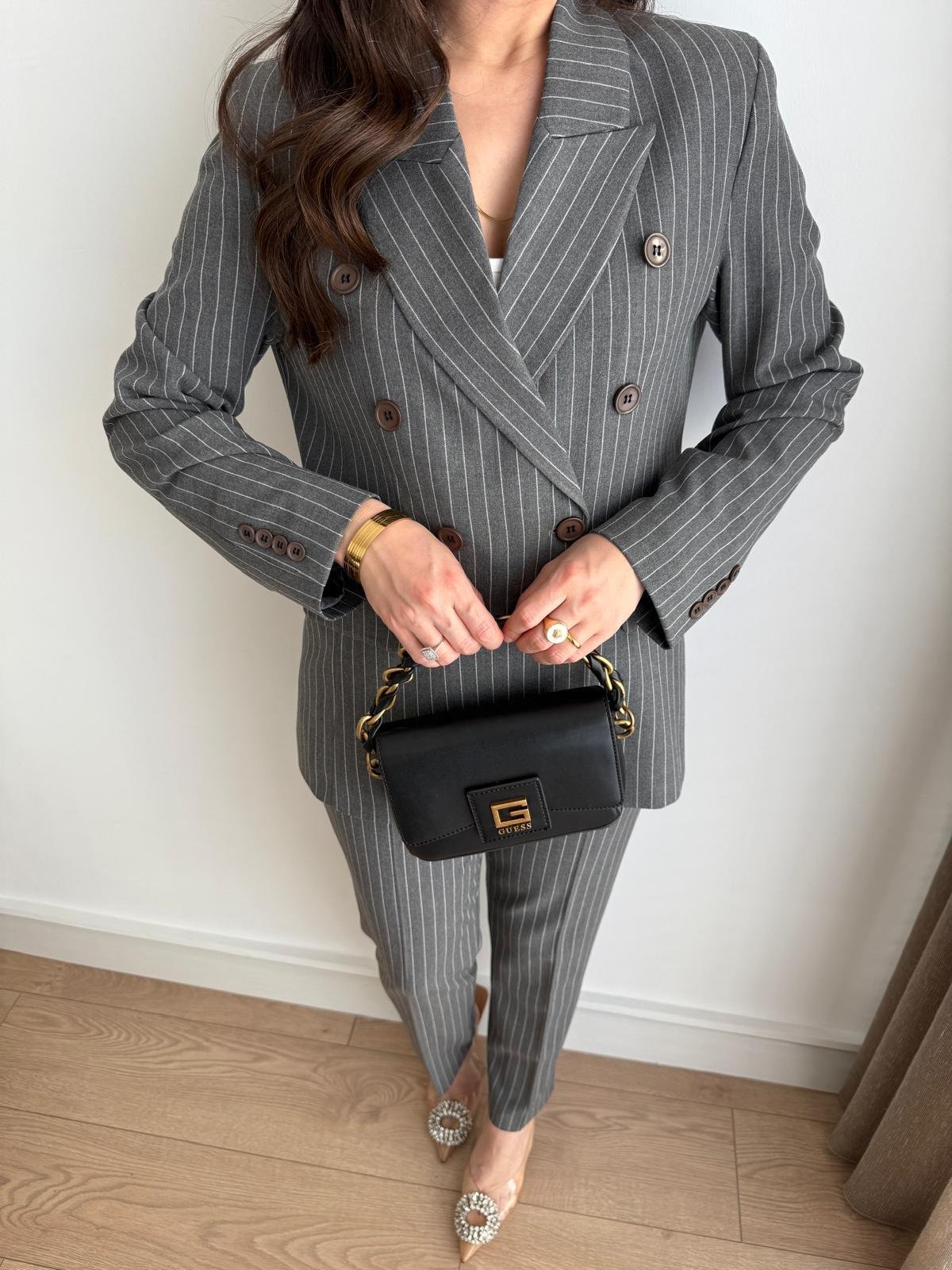 Gri Vatkalı Çizgili Blazer Ceket Pantolon Takım 40295