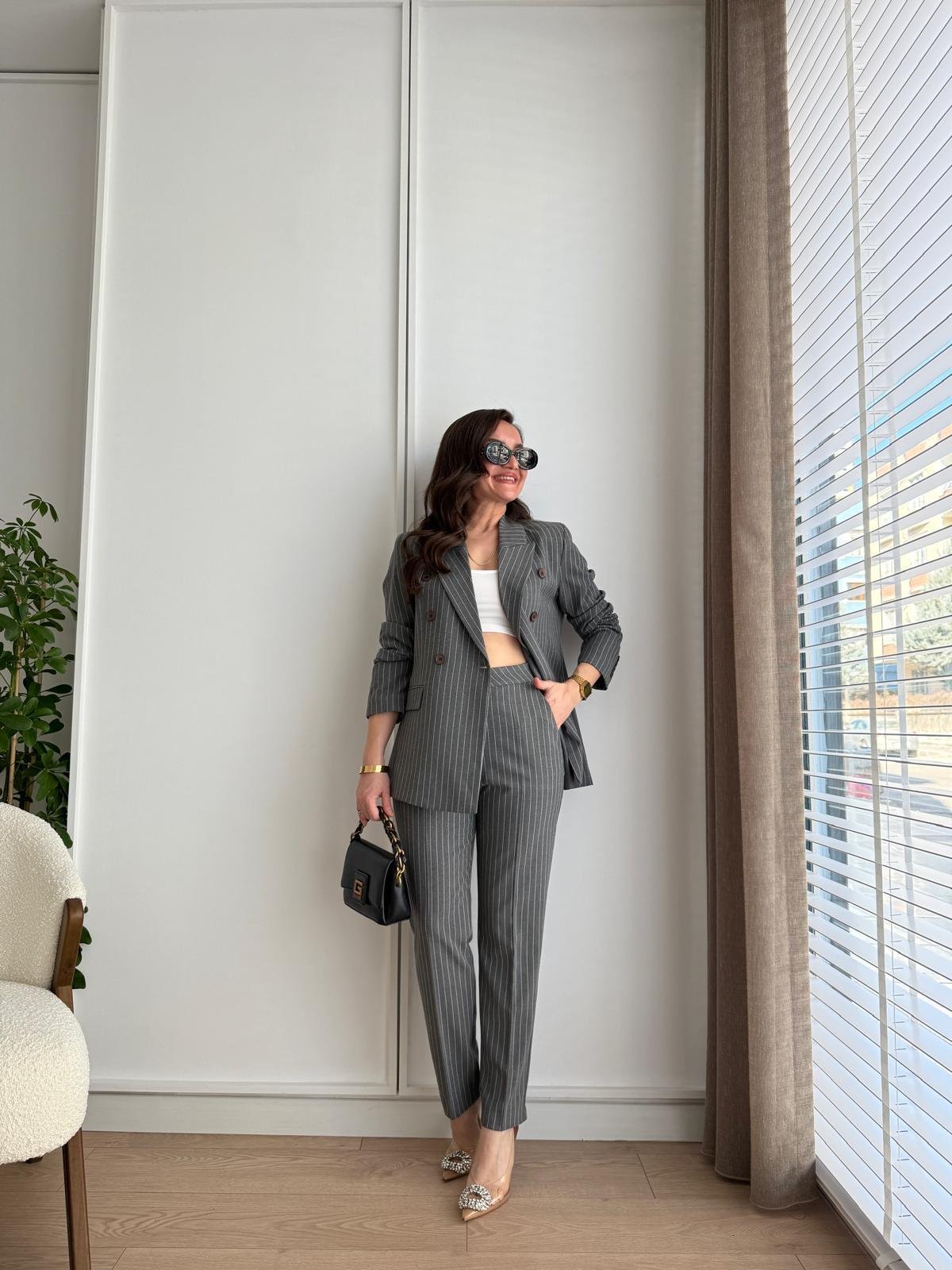 Gri Vatkalı Çizgili Blazer Ceket Pantolon Takım 40295