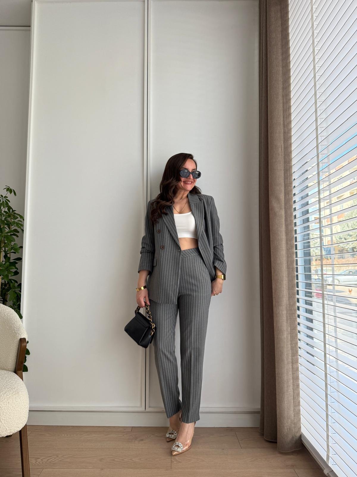 Gri Vatkalı Çizgili Blazer Ceket Pantolon Takım 40295
