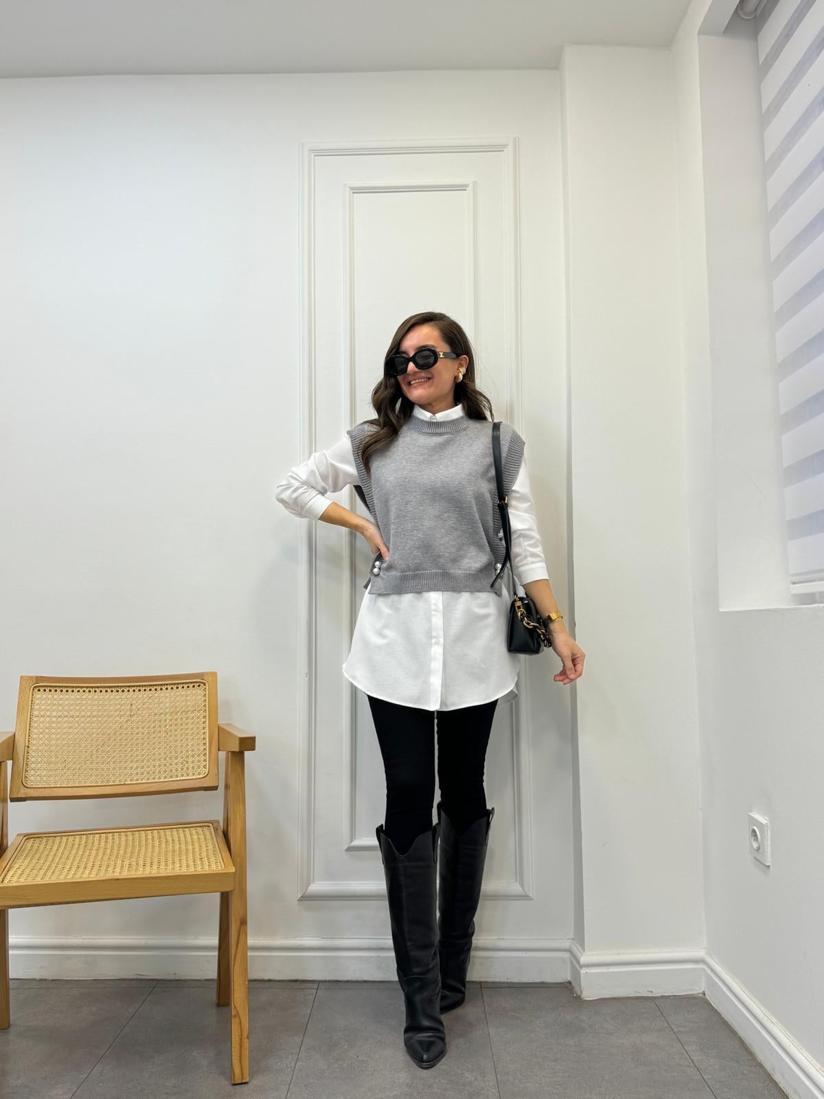 Gri Yan İnci Detaylı Süveter Gömlek Takım 94517