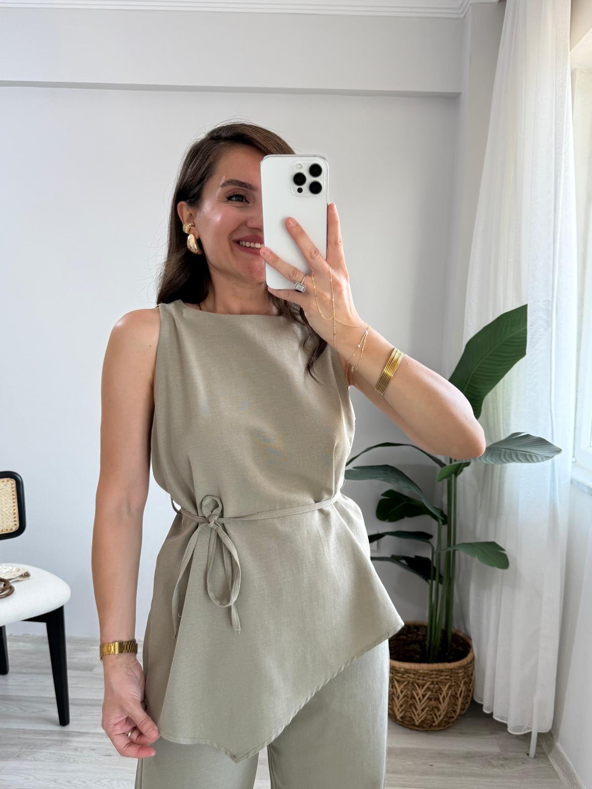 Haki Asimetrik Kesim Bluz Pantolon Takım 8784