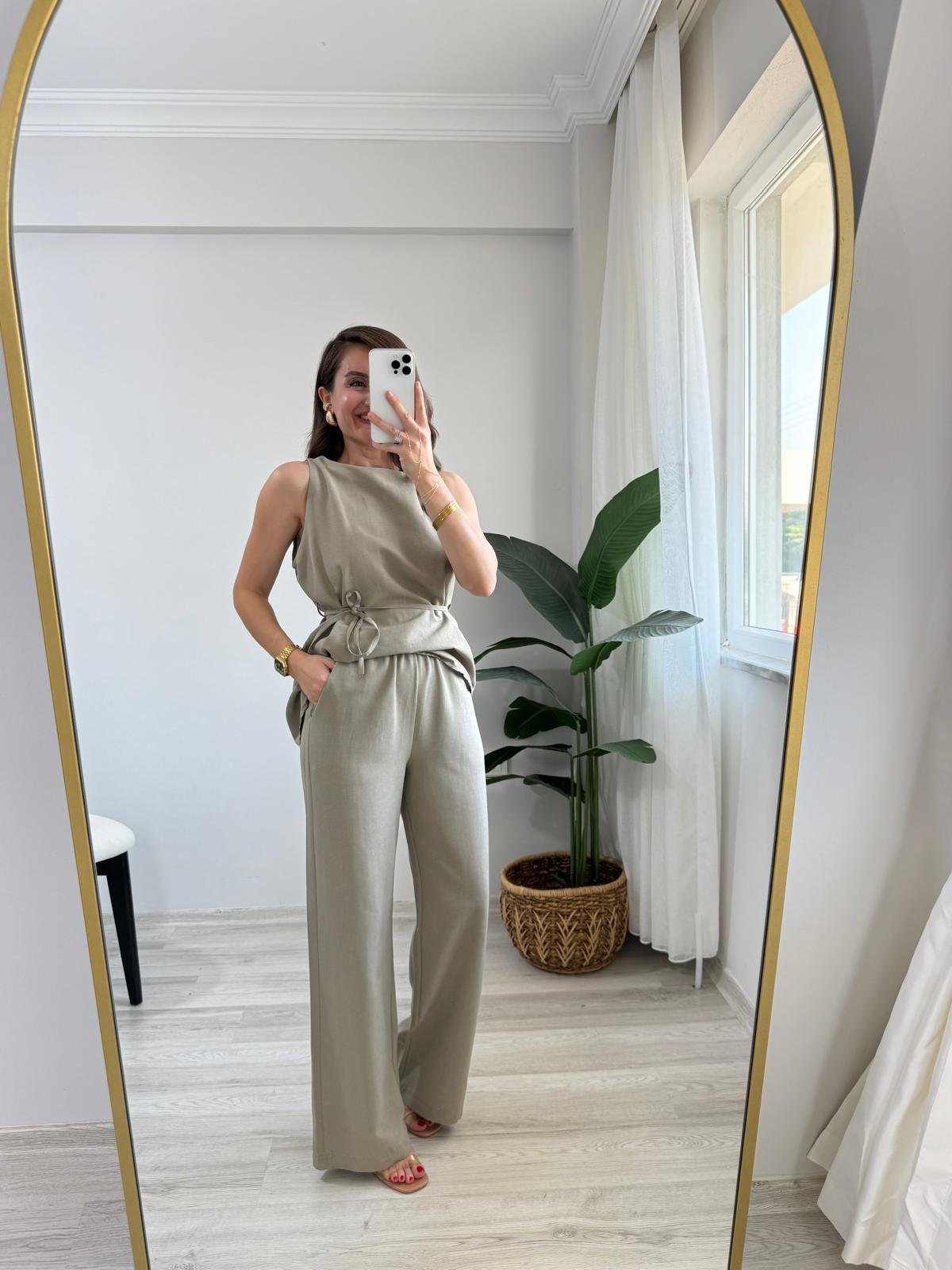 Haki Asimetrik Kesim Bluz Pantolon Takım 8784