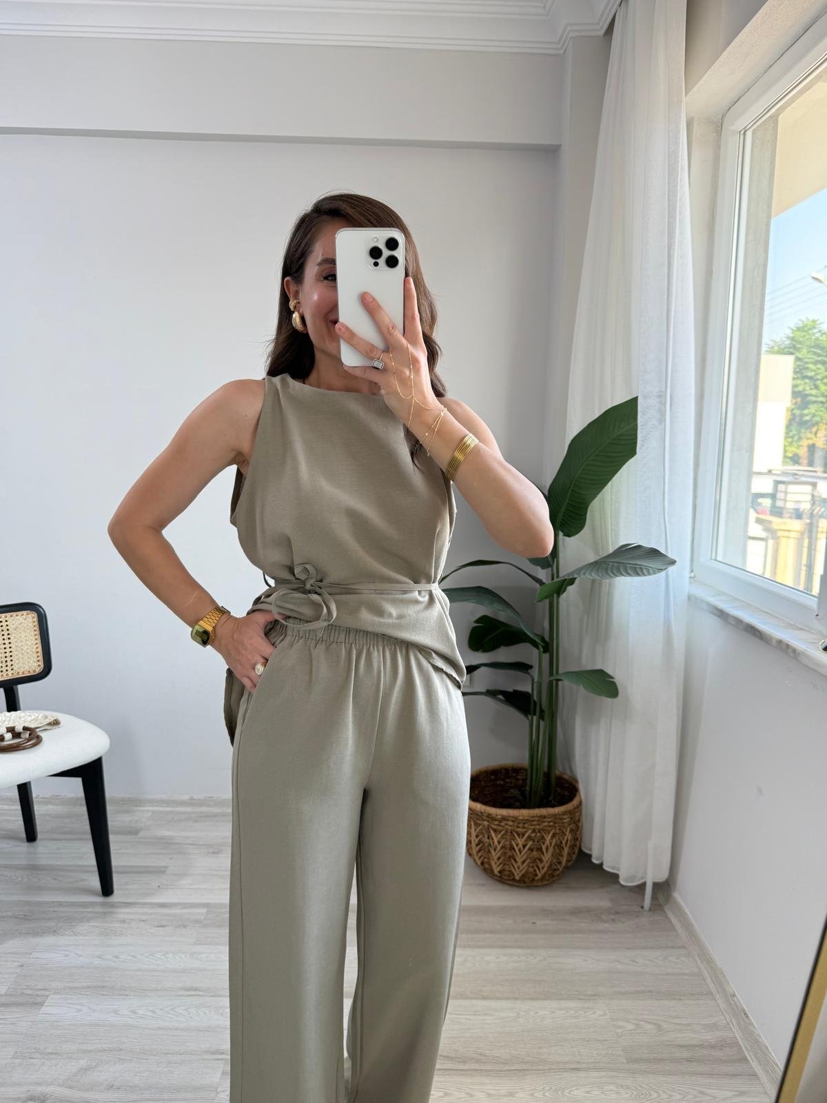 Haki Asimetrik Kesim Bluz Pantolon Takım 8784