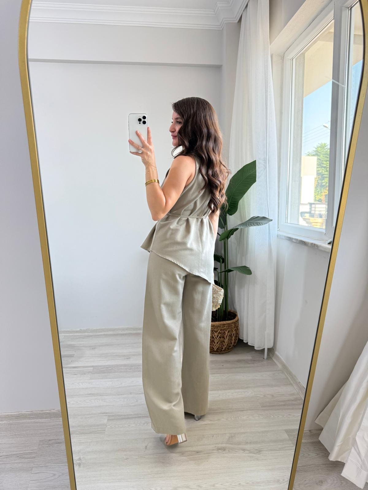 Haki Asimetrik Kesim Bluz Pantolon Takım 8784