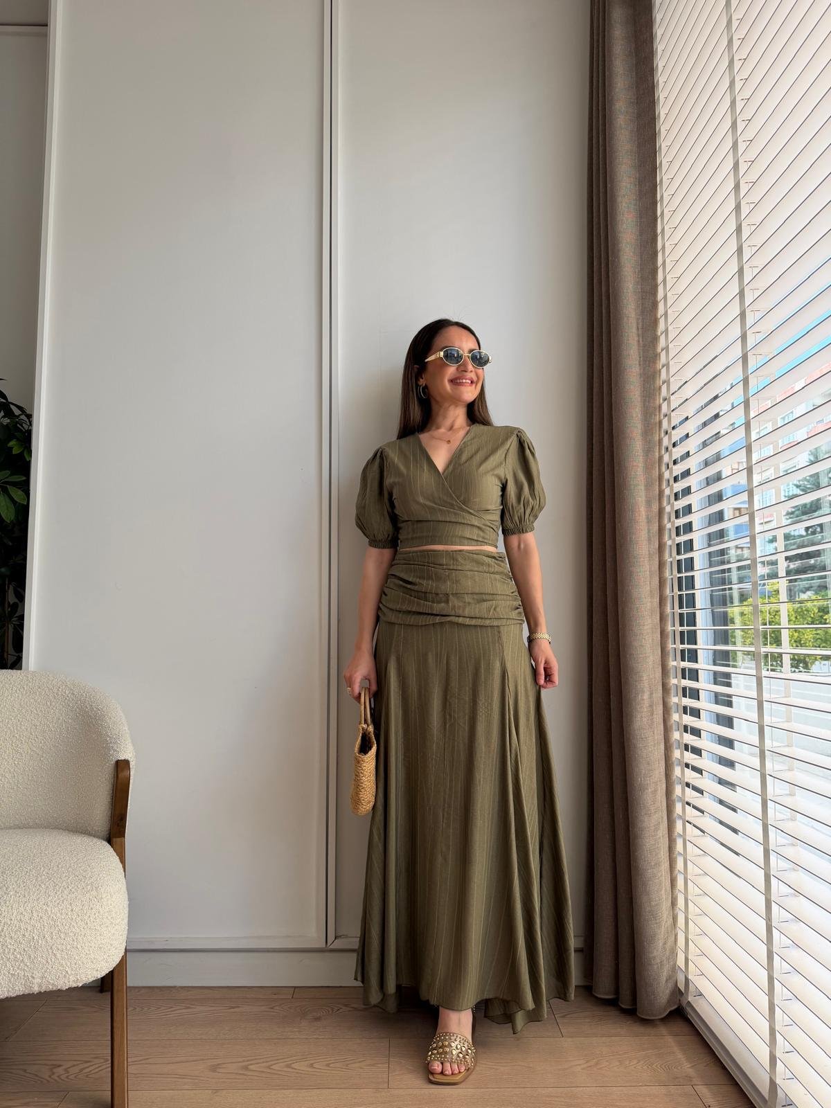 Haki Bağlamalı Bluz Etek Takım 580952