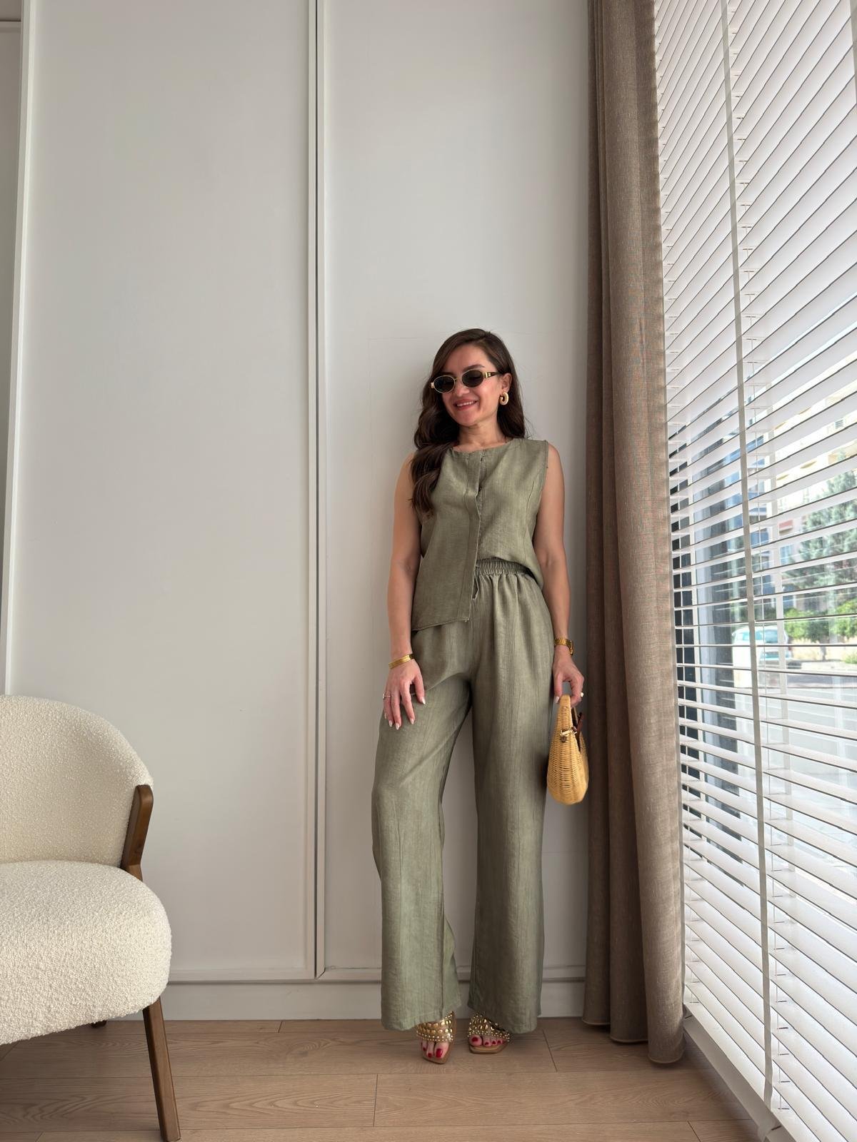 Haki Bambu Kumaş Düğmeli Bluz Pantolon Takım 505