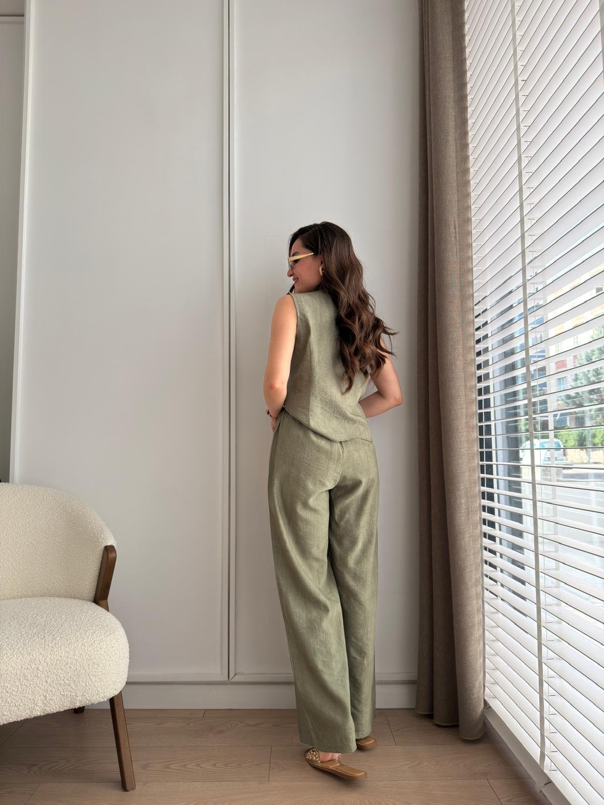 Haki Bambu Kumaş Düğmeli Bluz Pantolon Takım 505