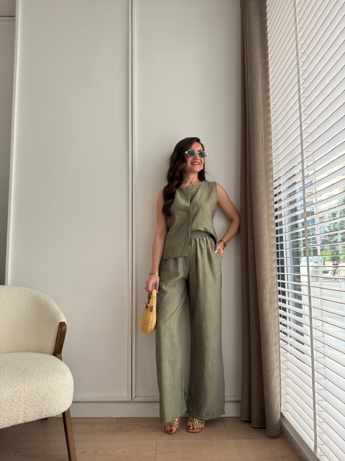 Haki Bambu Kumaş Düğmeli Bluz Pantolon Takım 505