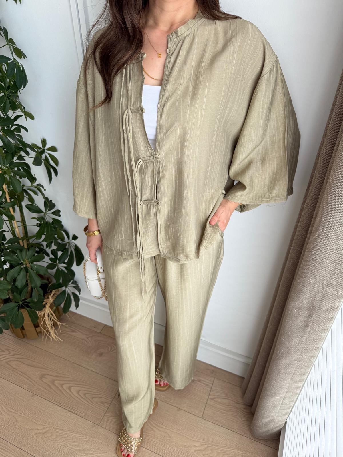 Haki Bambu Kumaş Paçası Yırtmaçlı Pantolon Kimono Takım 0614