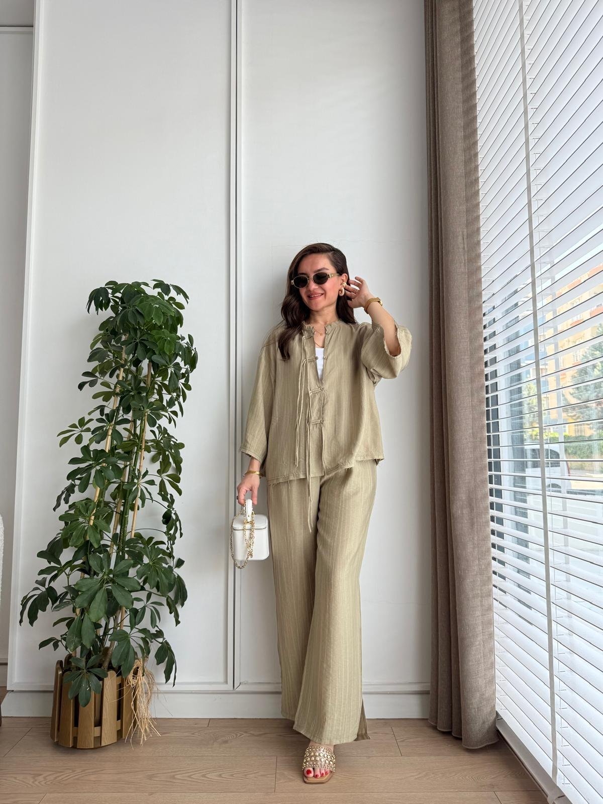 Haki Bambu Kumaş Paçası Yırtmaçlı Pantolon Kimono Takım 0614