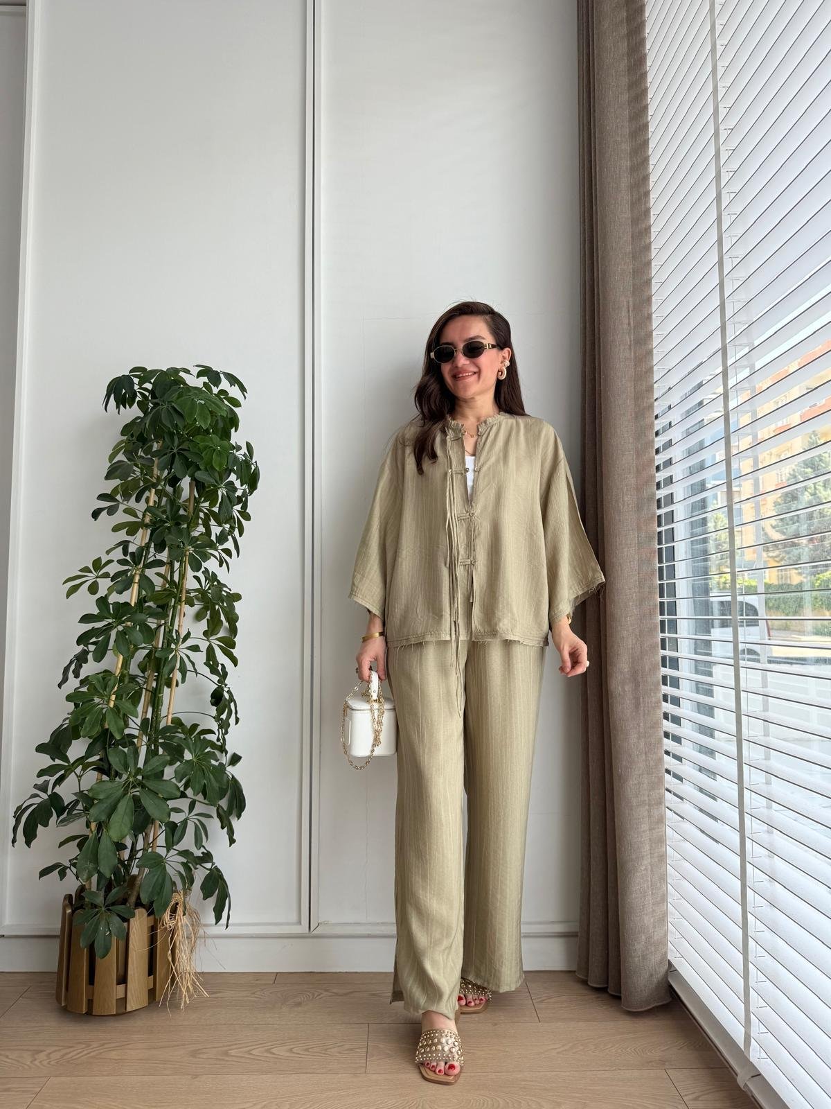 Haki Bambu Kumaş Paçası Yırtmaçlı Pantolon Kimono Takım 0614
