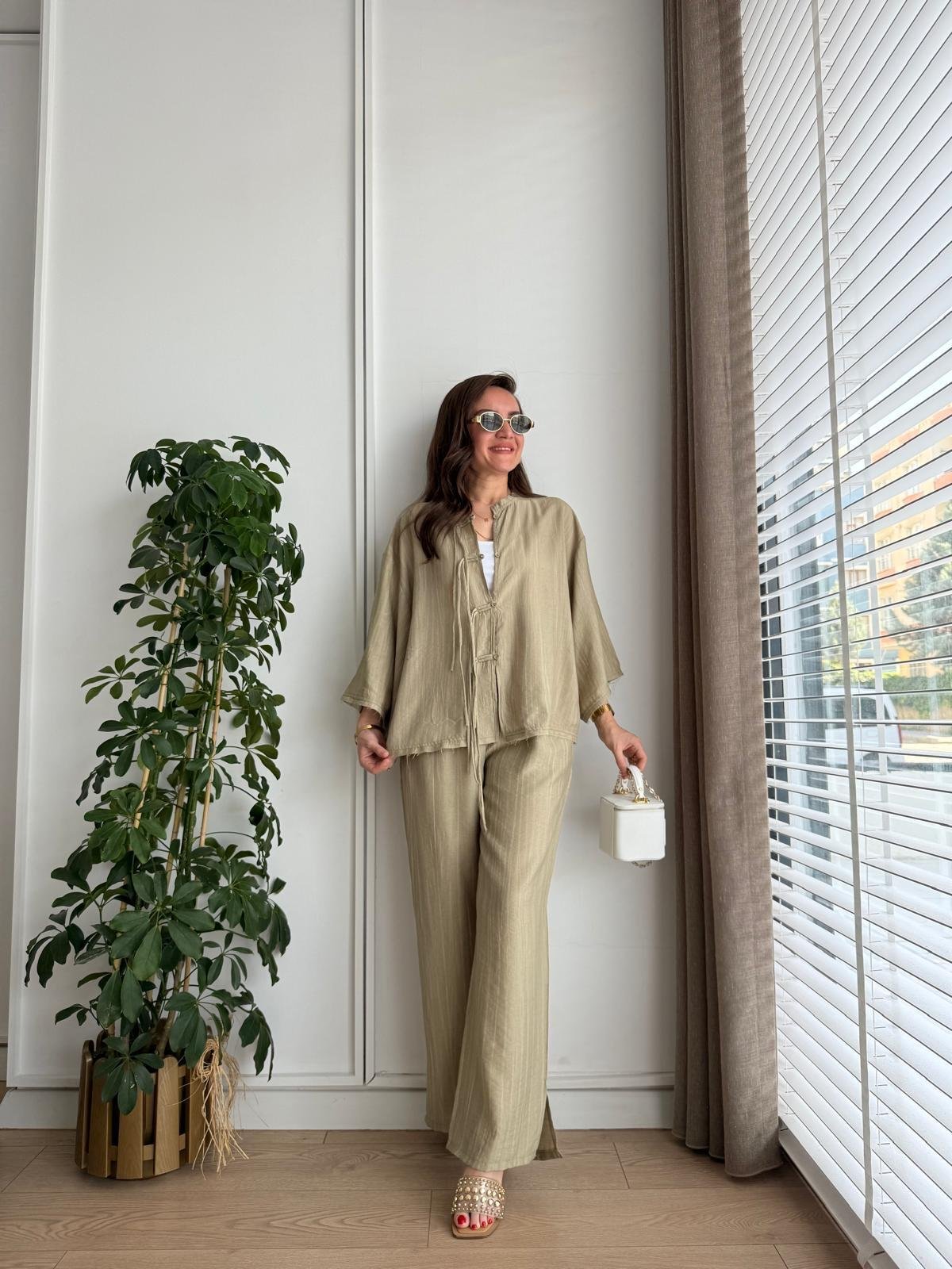 Haki Bambu Kumaş Paçası Yırtmaçlı Pantolon Kimono Takım 0614