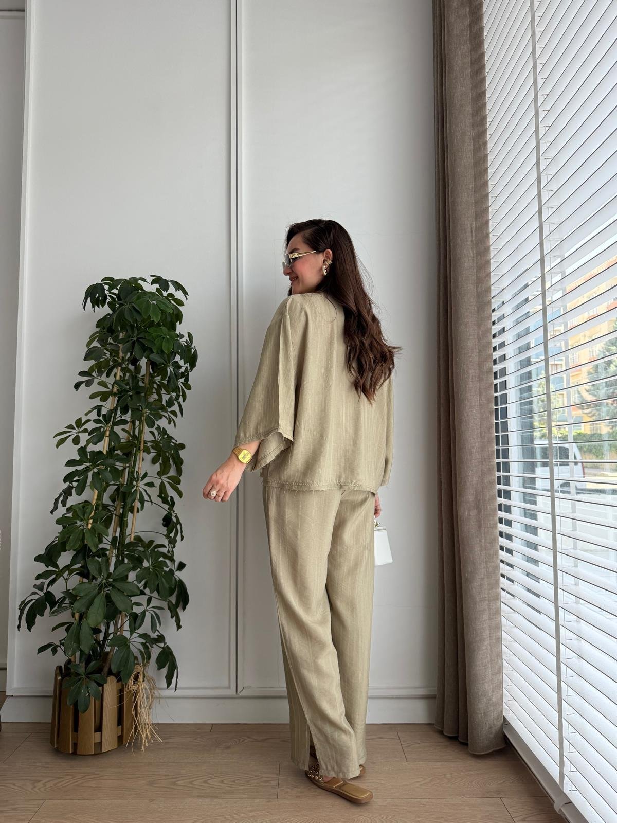 Haki Bambu Kumaş Paçası Yırtmaçlı Pantolon Kimono Takım 0614