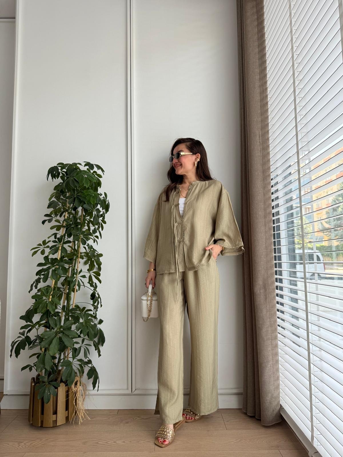 Haki Bambu Kumaş Paçası Yırtmaçlı Pantolon Kimono Takım 0614