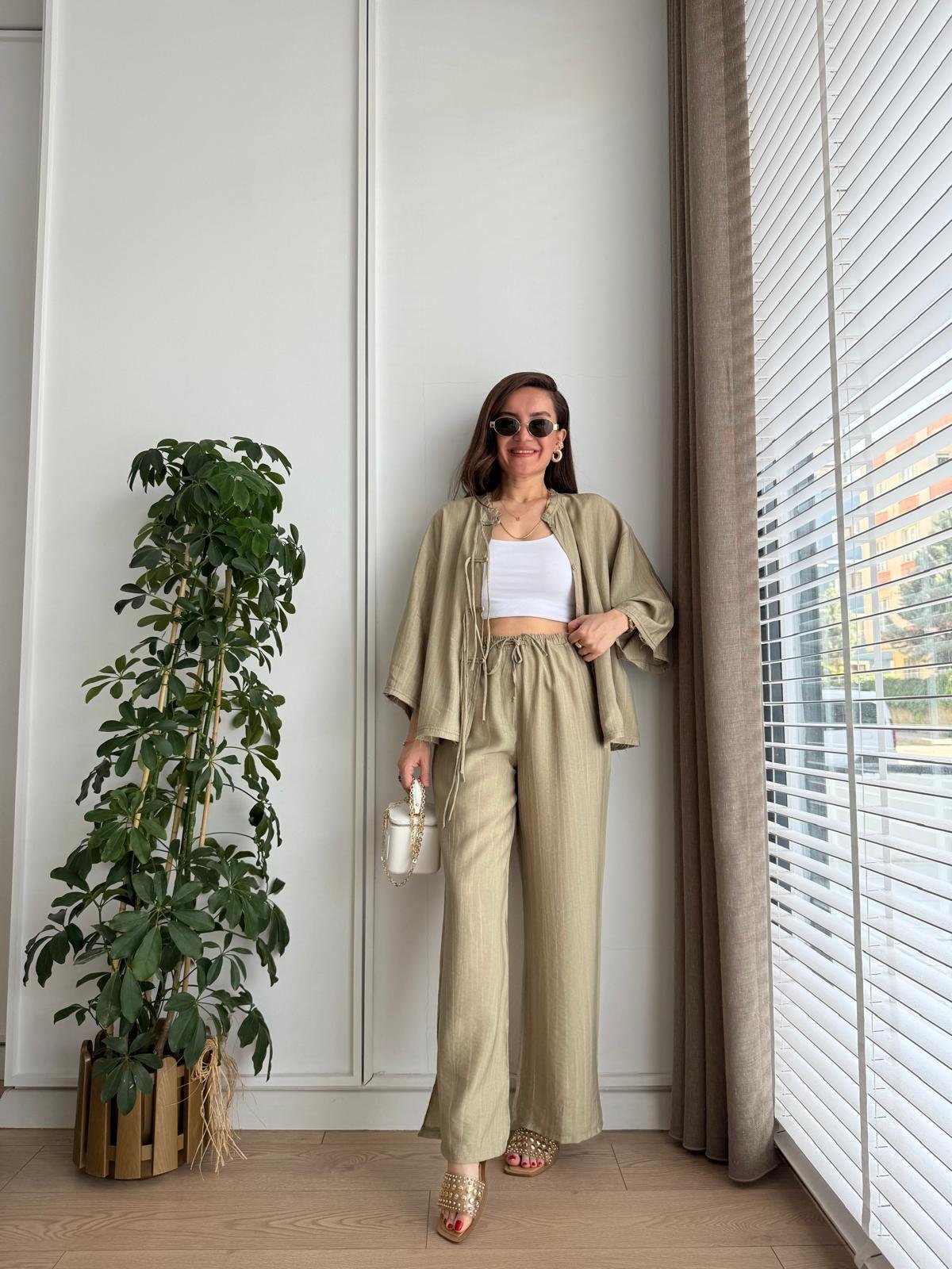 Haki Bambu Kumaş Paçası Yırtmaçlı Pantolon Kimono Takım 0614