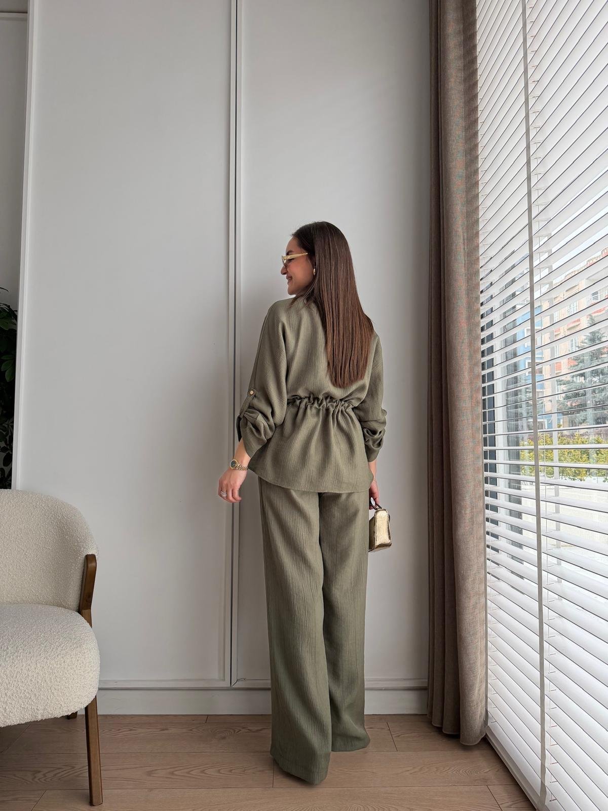 Haki Bel Bağlamalı Parlak Ceket Pantolon Takım 51279