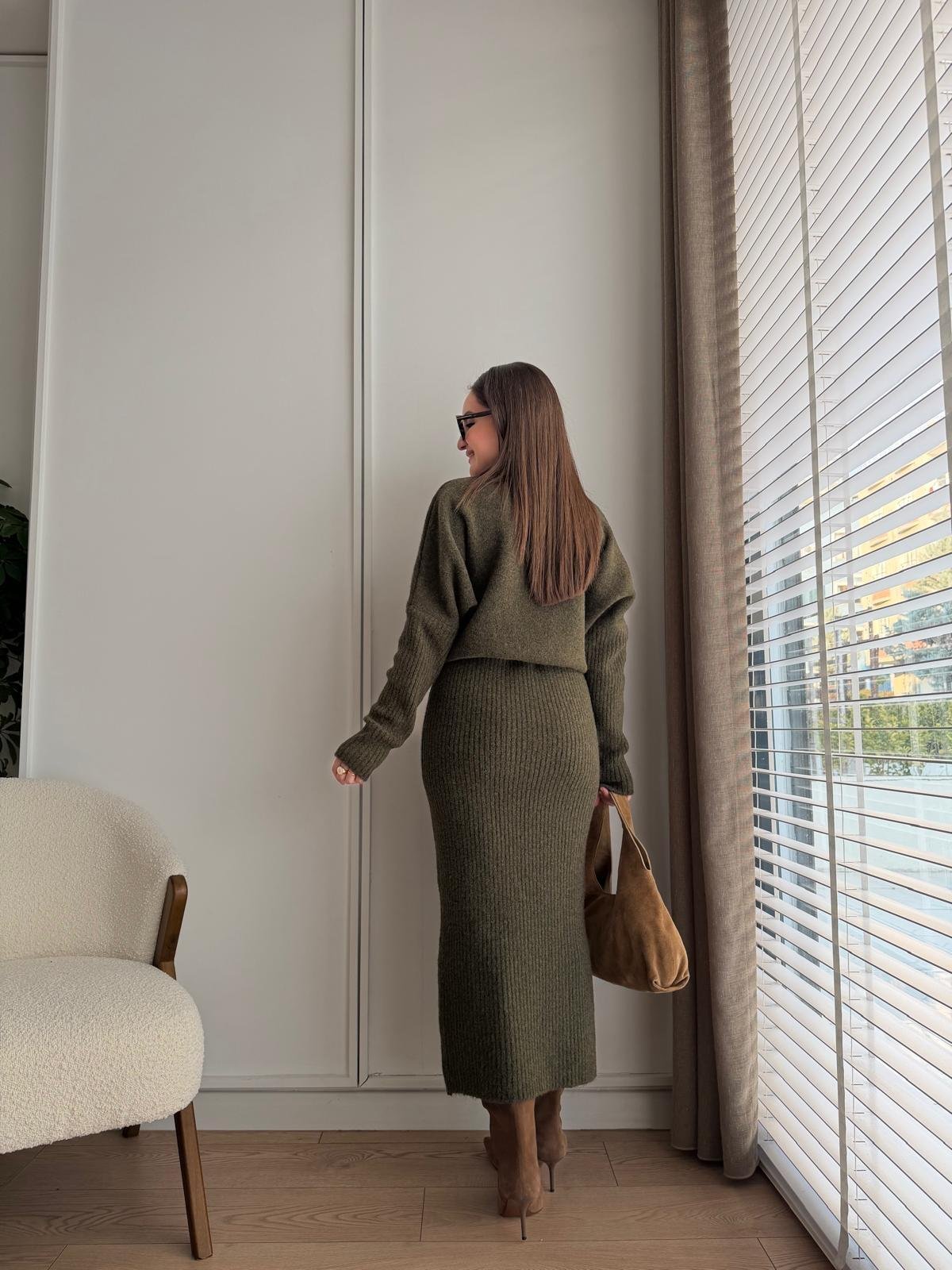 Haki Bel Detaylı Yumoş Triko Elbise 90260
